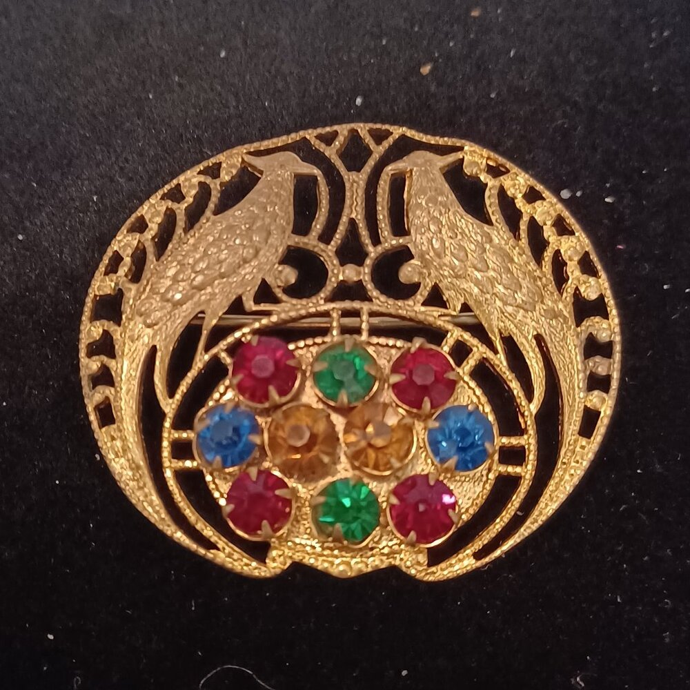 Antique Peacock Brooch Pin  Love birds  Multicolour Rhinestone eggs Bird